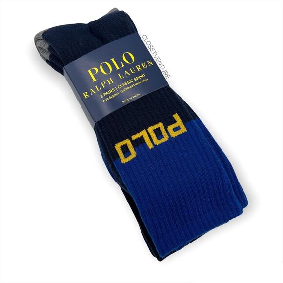 Polo Ralph Lauren Classic Sport Blue Yellow Grey 3 Pairs Crew Socks Size 10-13 - Picture 1 of 5